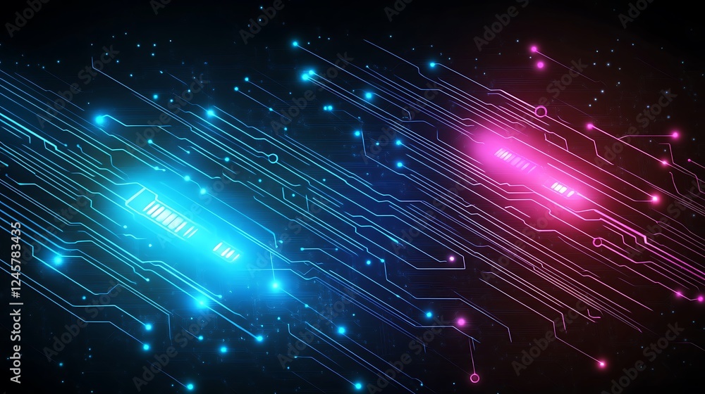 Poster a dynamic 2d abstract design of electronic circuits with vivid cyan and magenta highlights, glowing 