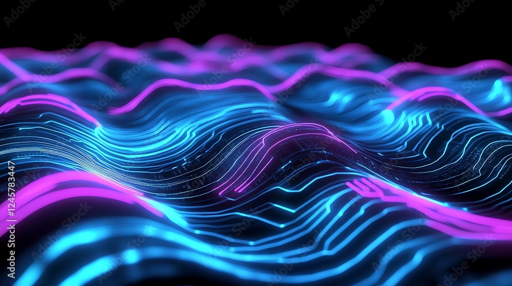 Poster a dynamic 2d abstract design of electronic circuits with vivid cyan and magenta highlights, glowing 