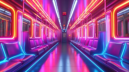 Fototapeta premium Futuristic Neon-Lit Subway Car Interior.