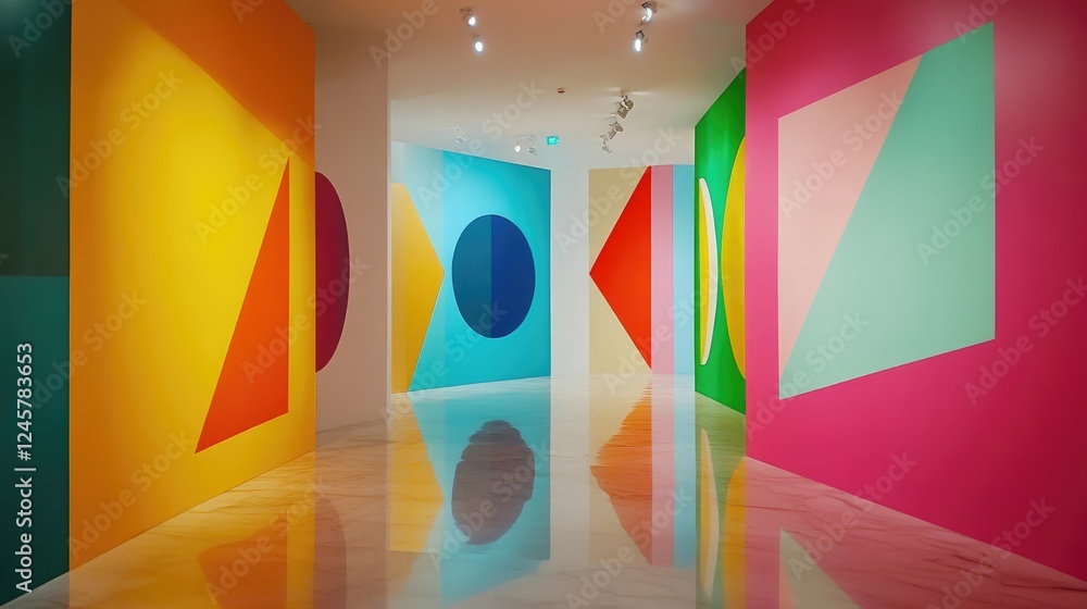 Poster a captivating modern art exhibition with geometric sculptures, using vivid colors and minimalist des