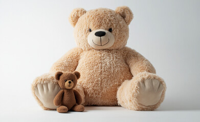 Obraz premium A large teddy bear sits beside a small brown toy, isolated on a white background. The detailed texture of both toys creates a heartwarming and nostalgic scene, perfect for children's decor or gifts.
