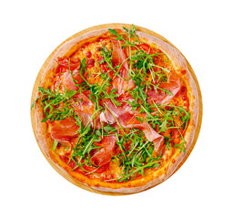 Delicious pizza topped with fresh prosciutto and arugula on a wooden board ready for serving