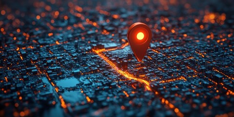 Orange Location Pin on Vibrant Isometric City Map Background with Abstract Blue Tones and Orange Streets for Navigation and Travel