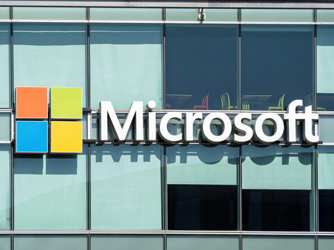 Microsoft Logo at a Modern Glass Office Building