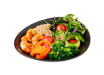 Delicious shrimp and vegetable platter served with brown rice, featuring fresh greens and colorful garnishes