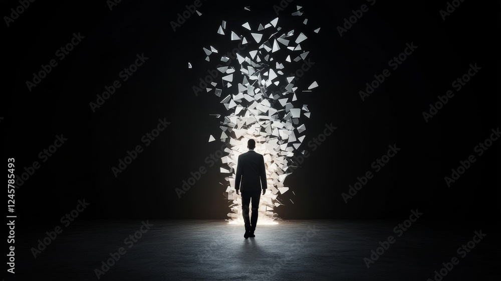 Poster figure walking on a path of glowing shards