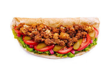 Crispy fried cauliflower wrap with fresh vegetables and tangy pickles served on a soft flatbread