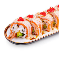 Delicious sushi rolls with fresh ingredients served on a white plate