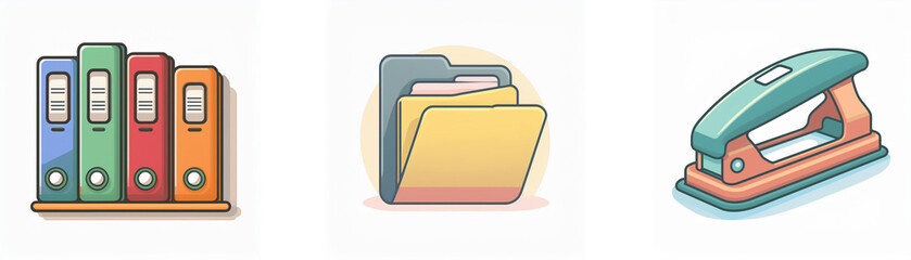 Three office icons depict colorful binders on a shelf, an open folder and a stapler, representing office supplies and organization.