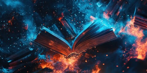 Obraz premium Open book surrounded by vibrant flames and glowing particles in a dark, mystical setting
