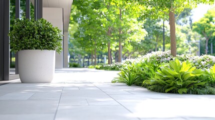 Modern building, green walkway, sunny day, urban landscaping, architectural design