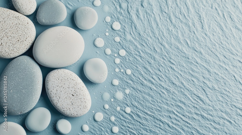 Poster a clean and modern background of polka dot pebbles and textured rocks, creating a serene and elegant