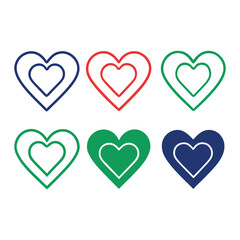 Set of colorful double heart icons with various decorative elements