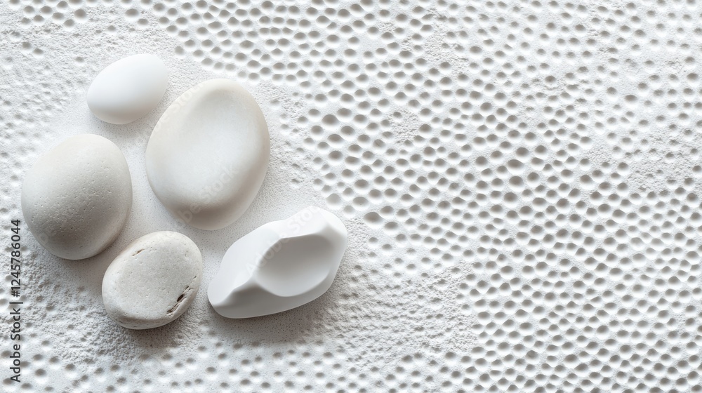 Poster a clean and modern background of polka dot pebbles and textured rocks, creating a serene and elegant
