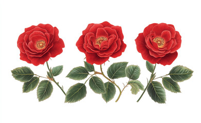 Naklejka premium Three red roses with vibrant green leaves sit on a white background, the simplicity and elegance of the scene make it ideal for floral designs, with no distractions or added details.