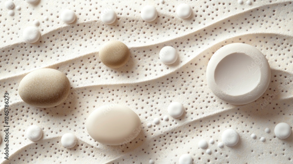 Poster a clean and modern background of polka dot pebbles and textured rocks, creating a serene and elegant