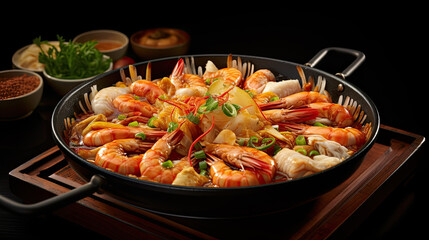 Fototapeta premium Succulent Shrimp and Vegetable Dish in a Dark Pan