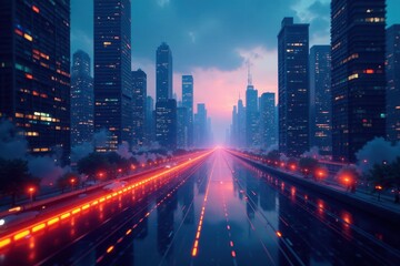 Obraz premium Deep blues and oranges blend seamlessly, creating a futuristic cityscape feel Sharp lines & subtle glows , abstract, glow, vibrant