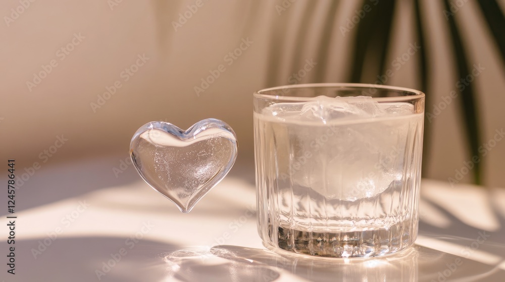 Aufkleber A clear heart-shaped ice cube next to a glass filled with a refreshing beverage, adding an elegant touch to the drink in a clean and minimalist setting.