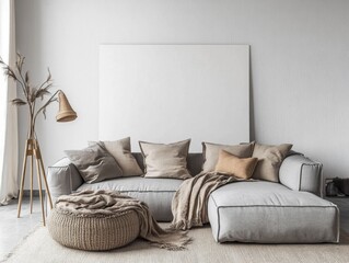 Modern living room, sectional sofa, mockup canvas, neutral tones, minimalist decor, design