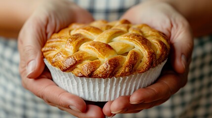 Pi Day. Freshly baked homemade pie held in hands with a golden crust.