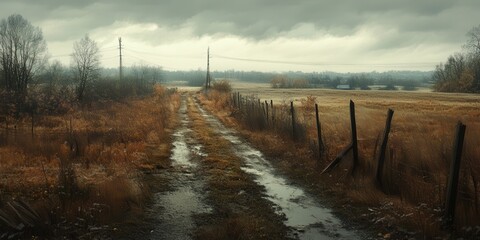 Obraz premium Rural dirt road winding through a foggy landscape on a cloudy day with reflections in puddles