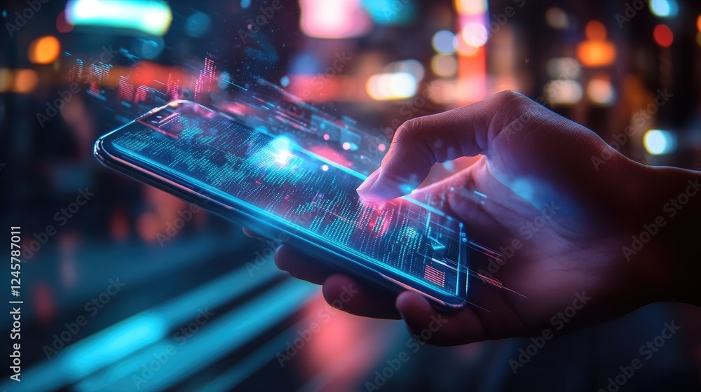 Poster A close-up of a hand holding a mobile phone with a holographic user interface, vibrant colors and lights in the blurred background representing modern technology.