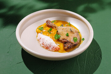 Unique culinary presentation featuring duck breast served with vibrant mango puree and garnished with herbs