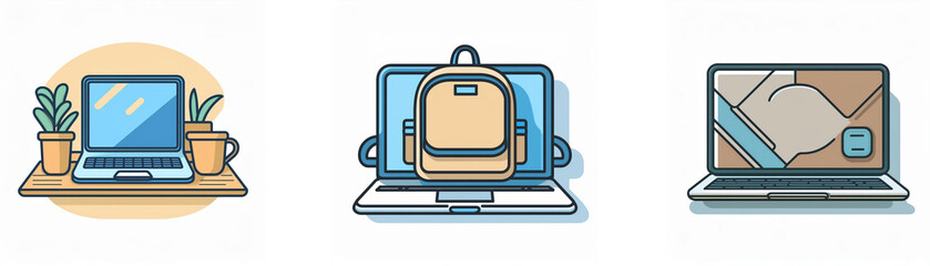 Naklejka premium Three laptop icons showcase varied concepts: a work desk with plants, a backpack for mobility, and a handshake for partnership, representing diverse uses and ideas.