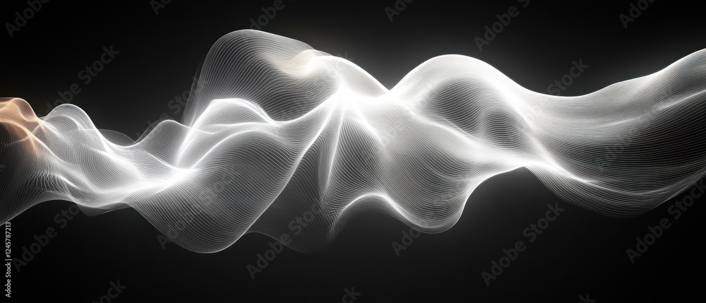 Poster abstract minimalist design flowing wave thin white lines on black background with soft ambient light