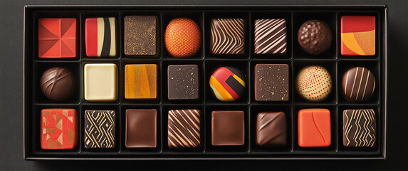 A modern box of chocolates sits against a black background, showcasing 24 pieces in varying shapes and vibrant colors. The overhead view highlights the intricate, artistic designs of each piece.