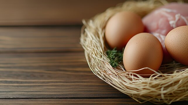 National Poultry Day.Rustic basket with fresh eggs and green herbs on a wooden table. - Powered by Adobe