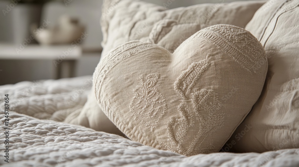 Poster a close-up of a heart-shaped pillow with intricate quilting on a bed, highlighting the cozy texture 