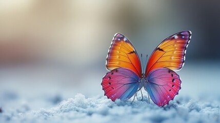 Obraz premium Colorful butterfly on snow, winter sunrise