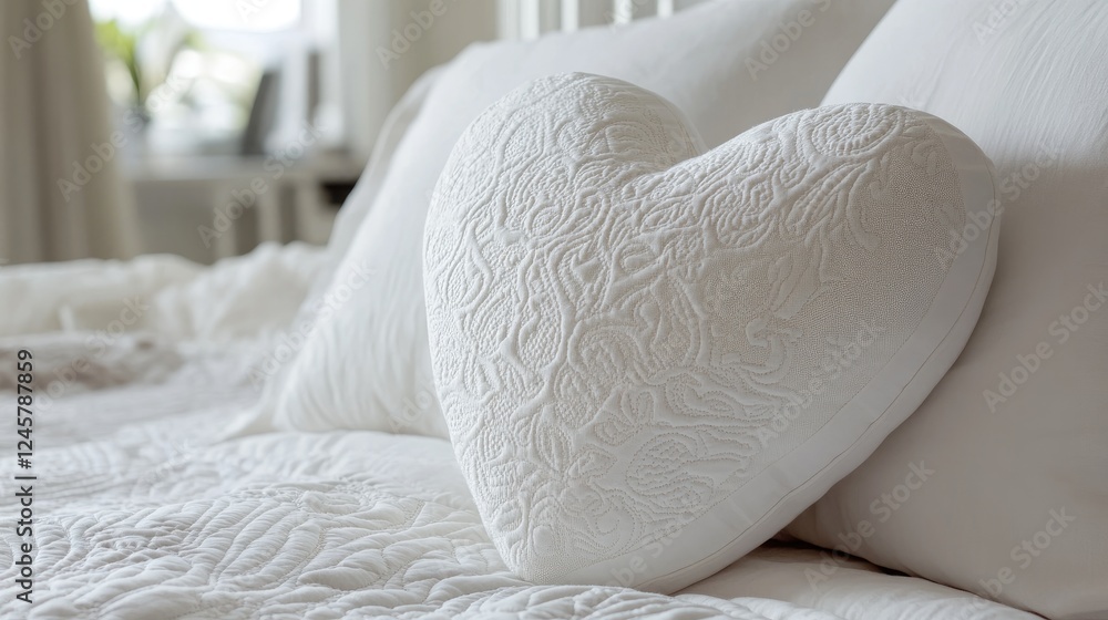 Poster a close-up of a heart-shaped pillow with intricate quilting on a bed, highlighting the cozy texture 