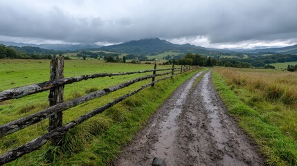 Fototapeta premium Muddy road, green pasture, mountain view, overcast sky. Rural landscape photography