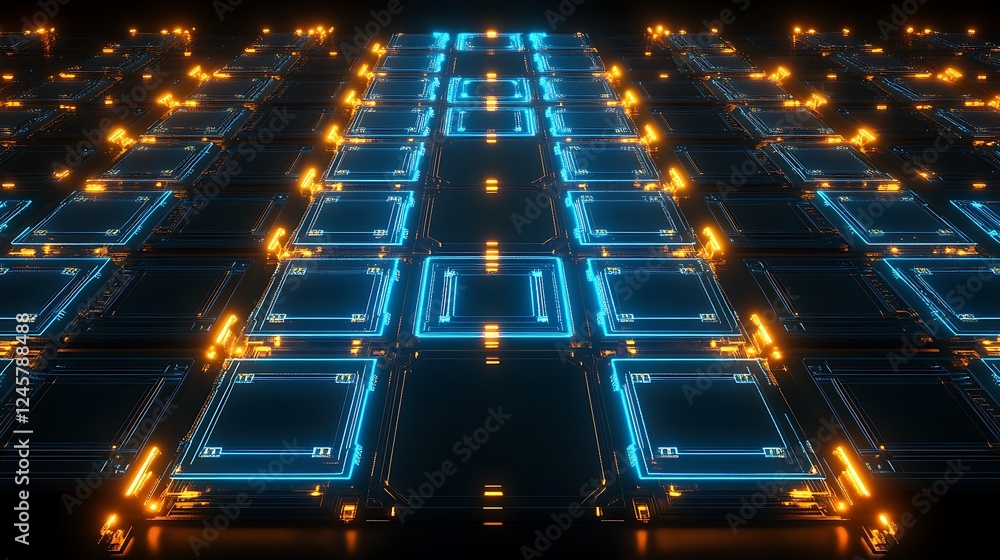 Poster a futuristic electronic circuit board design with glowing blue and golden nodes, creating a balanced