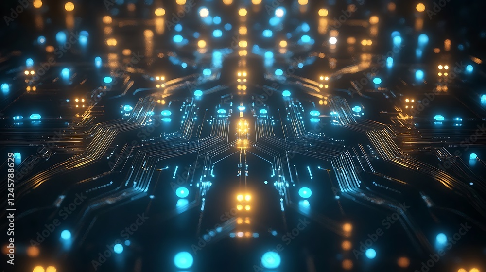 Poster a futuristic electronic circuit board design with glowing blue and golden nodes, creating a balanced