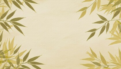 Fototapeta premium ベージュの和紙に緑色の竹林の和風背景壁紙。コピースペースあり。aiで生成