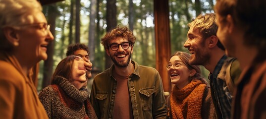 Joyful Multigenerational Group Sharing Laughter in a Forest Setting