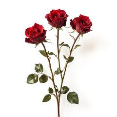 Naklejka premium Three vibrant red roses with lush green leaves sit delicately on a white background. The simplicity of this composition highlights the timeless beauty of these flowers, perfect for romantic themes.