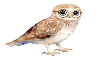 Naklejka premium Whimsical Watercolor Owl with Glasses on a White Background Watercolor