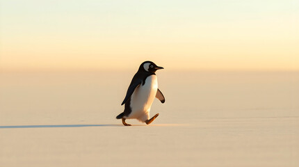 Fototapeta premium Gentoo penguin strolling through a snow-covered winter landscape against a snowy backdrop