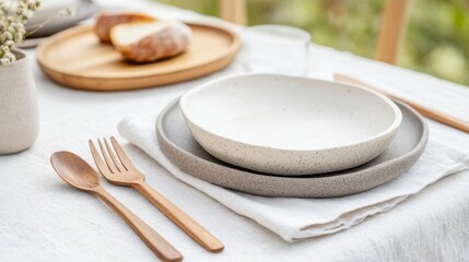 Admire a stunning table set with eco-friendly utensils and ceramic dishes for a green lifestyle, Earth Day concept