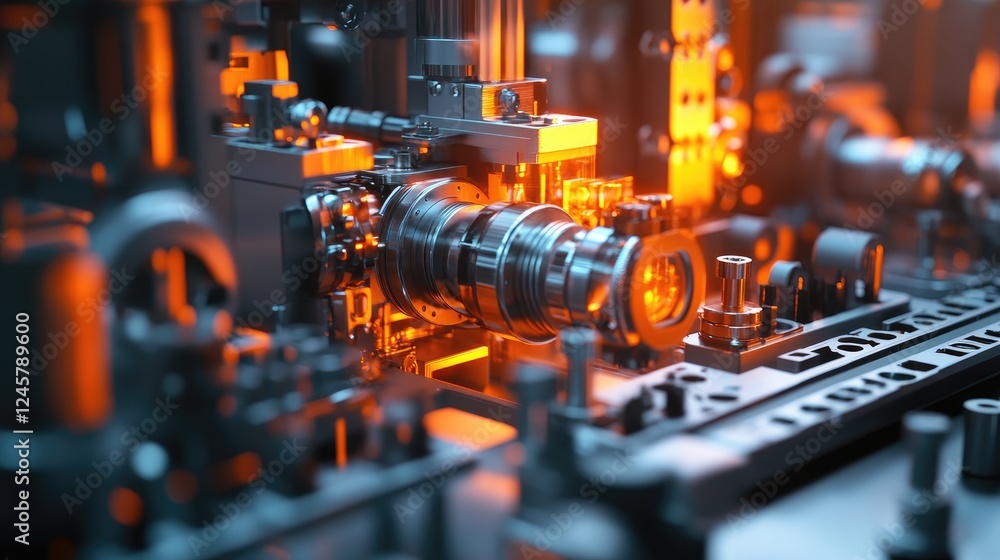 Aufkleber a close-up of an industrial machine at work, with glowing metal components and precision engineering