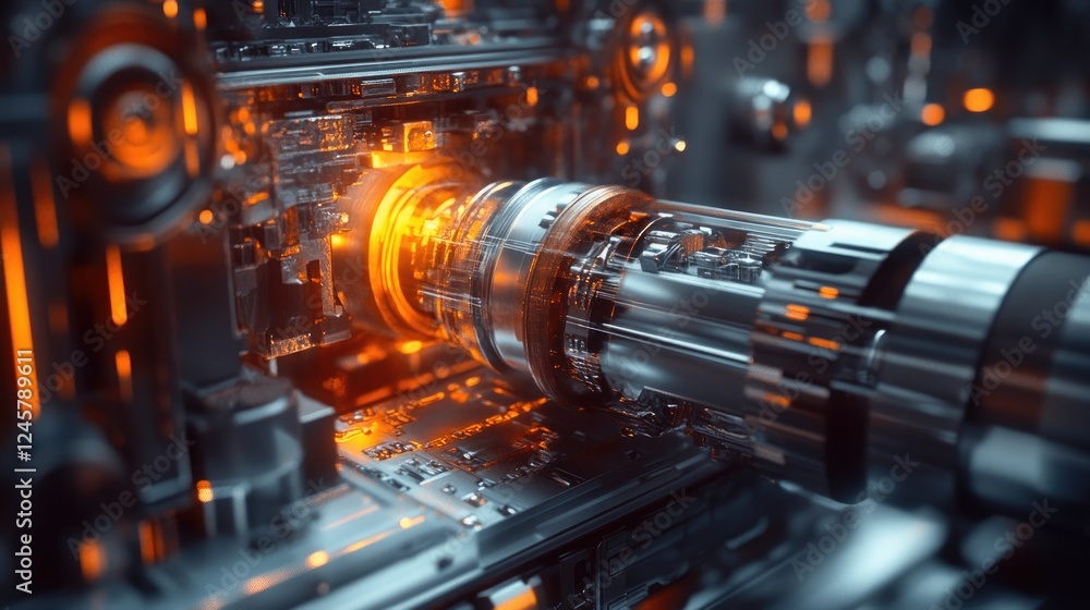 Poster a close-up of an industrial machine at work, with glowing metal components and precision engineering