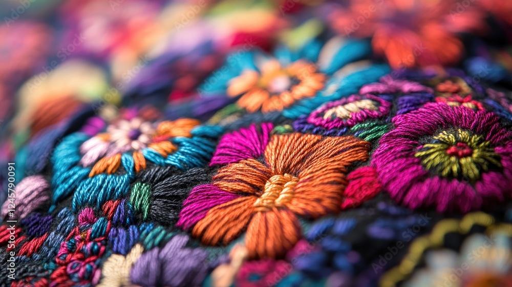 Poster A close-up of detailed hand embroidery on textile, capturing the colorful threads and the precise skill involved in creating intricate designs.