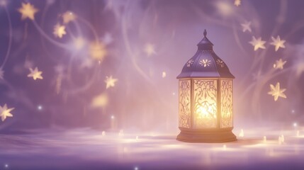 Ornate Ramadan Lantern with Mystical GlowDecorative Lantern with Candle and Bokeh Lights