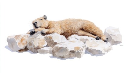 Relaxing Capybara on a Heapy of Smooth Rocks in Bright Environment Watercolor