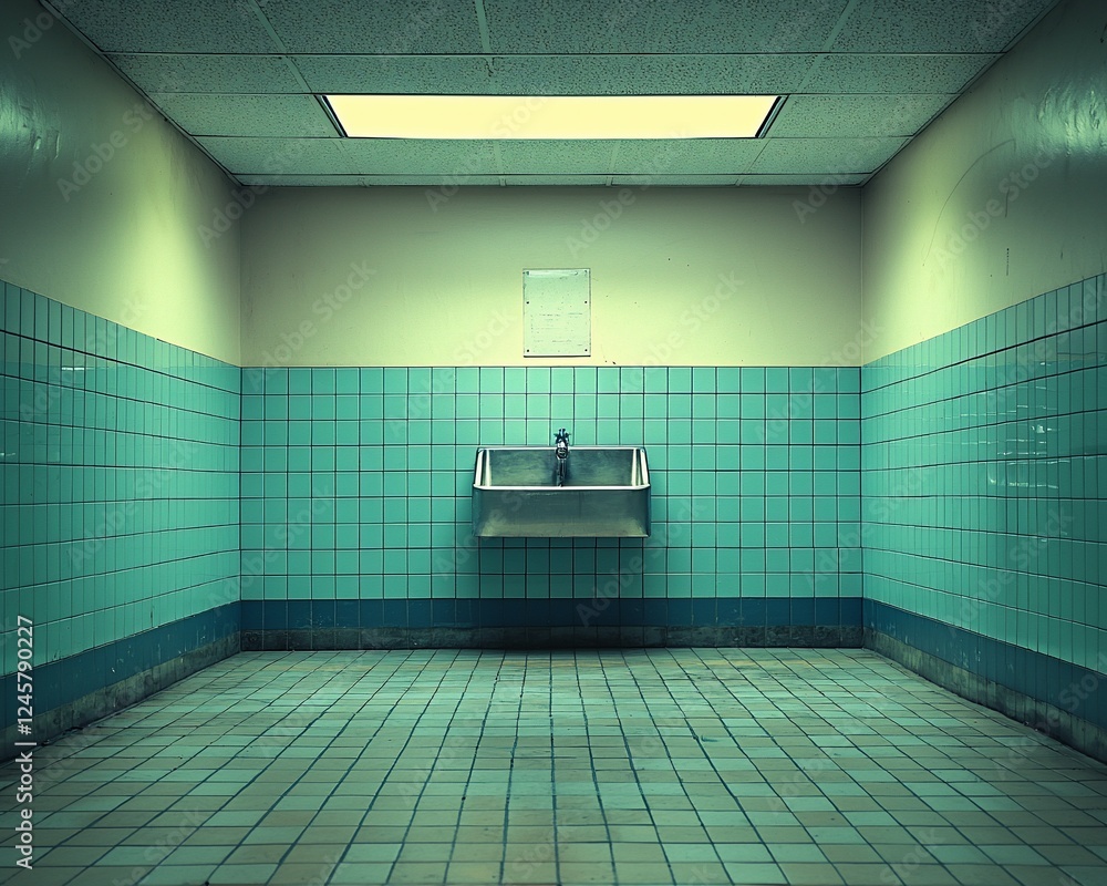 Aufkleber Empty teal tiled restroom; single sink; fluorescent lights; possible use film noir setting